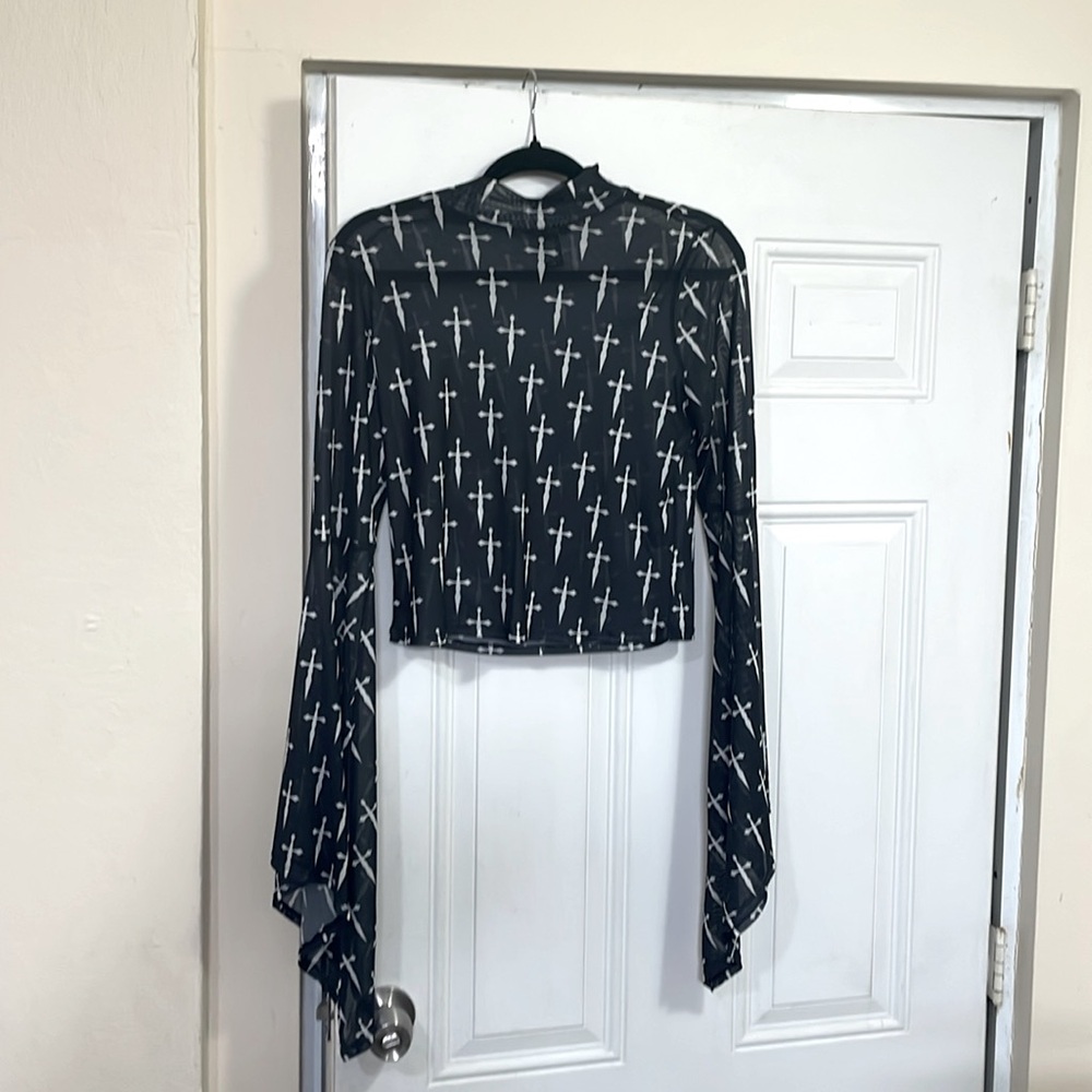 Hot Topic sheer black and white cross long sleeve top with flared sleeves